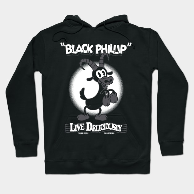 Black Phillip - Live Deliciously - Vintage Cartoon Goat Hoodie by Nemons